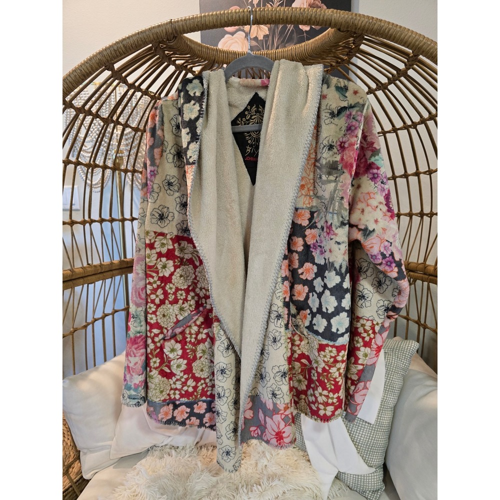 Johnny Was Biya Patchwork Floral Hooded Cardigan Open Front Sherpa Lined Jacket - Picture 2 of 4